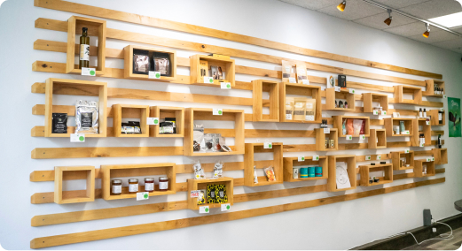 Hemp products displayed on a wall in the store.